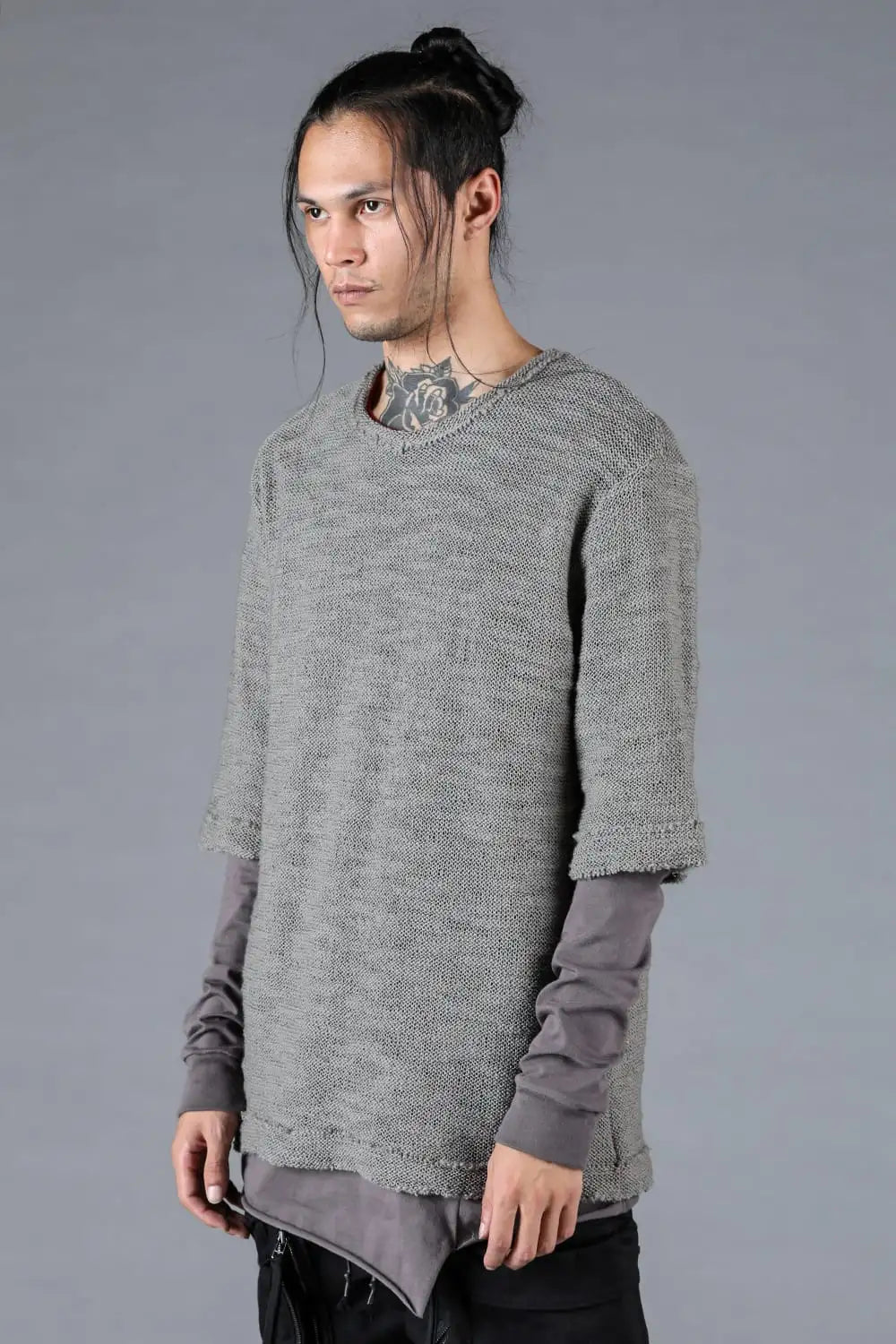 ローゲージニット×コットンジャージレイヤードTシャツ グレー