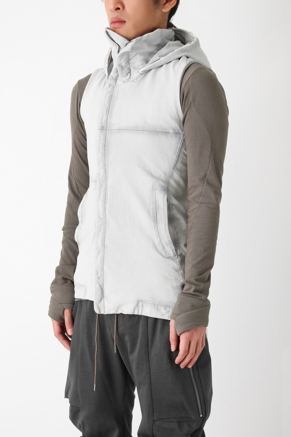 Sheep Leather Sleeveless Hooded Jacket