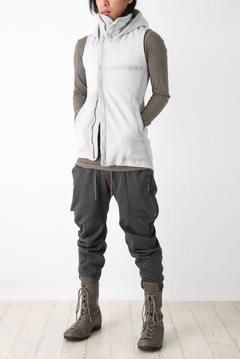 Sheep Leather Sleeveless Hooded Jacket