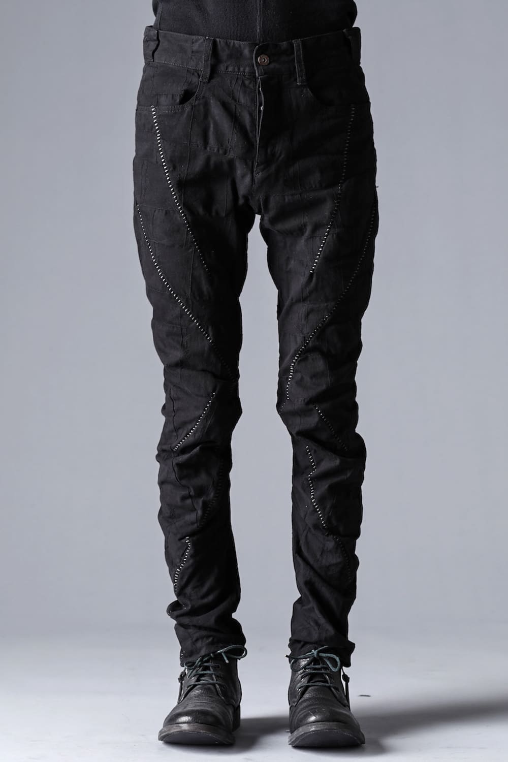 SCAB Patchwork Jagged Stretch Cotton Overlock Twisted Curved Slim Pants Black Charcoal Stitch
