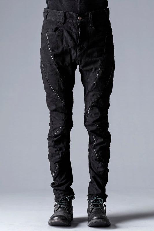 SCAB Patchwork Jagged Stretch Cotton Overlock Twisted Curved Slim Pants Black Charcoal Stitch