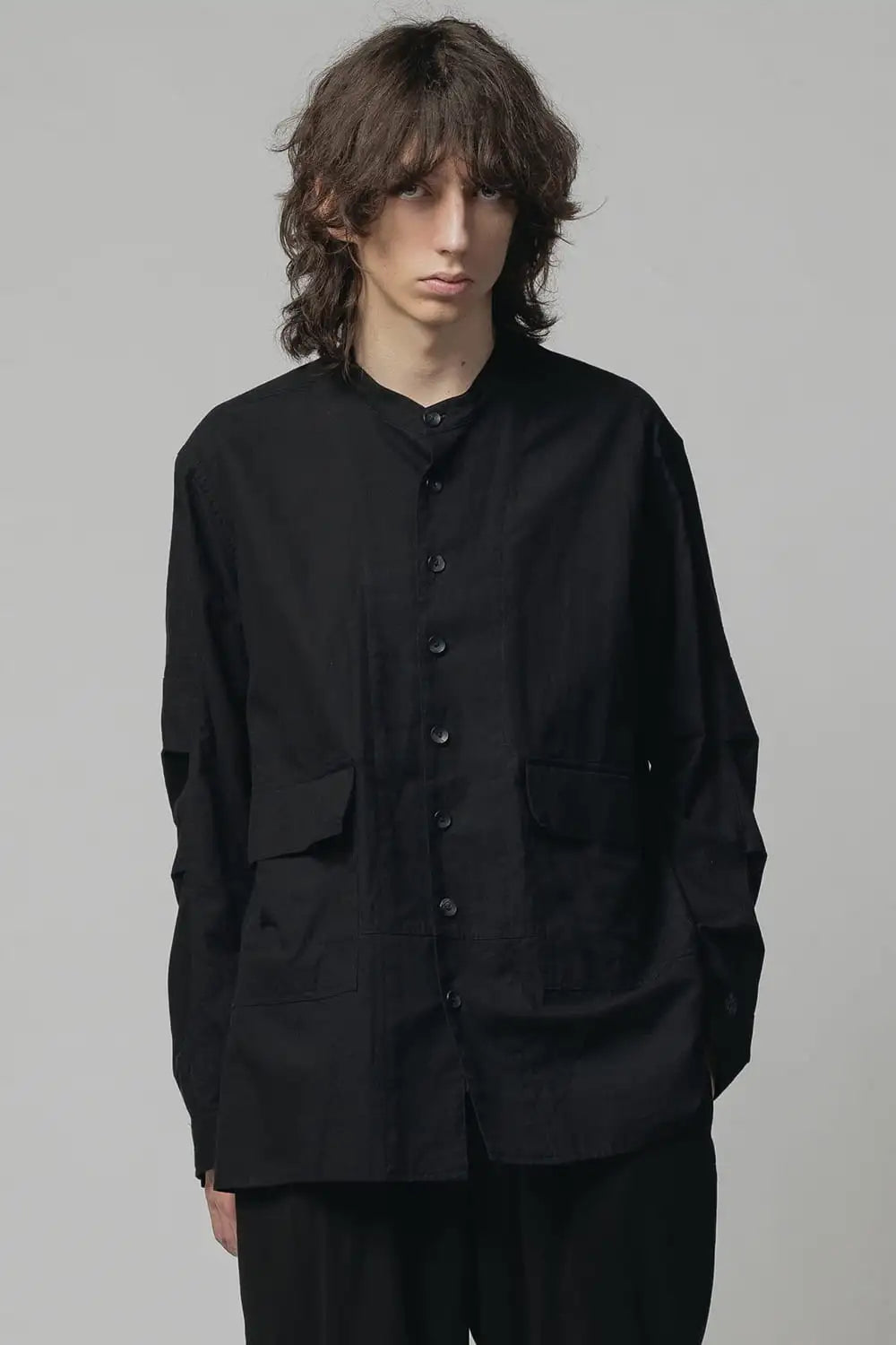 Cotton/Linen Band Collar Shirt  Black