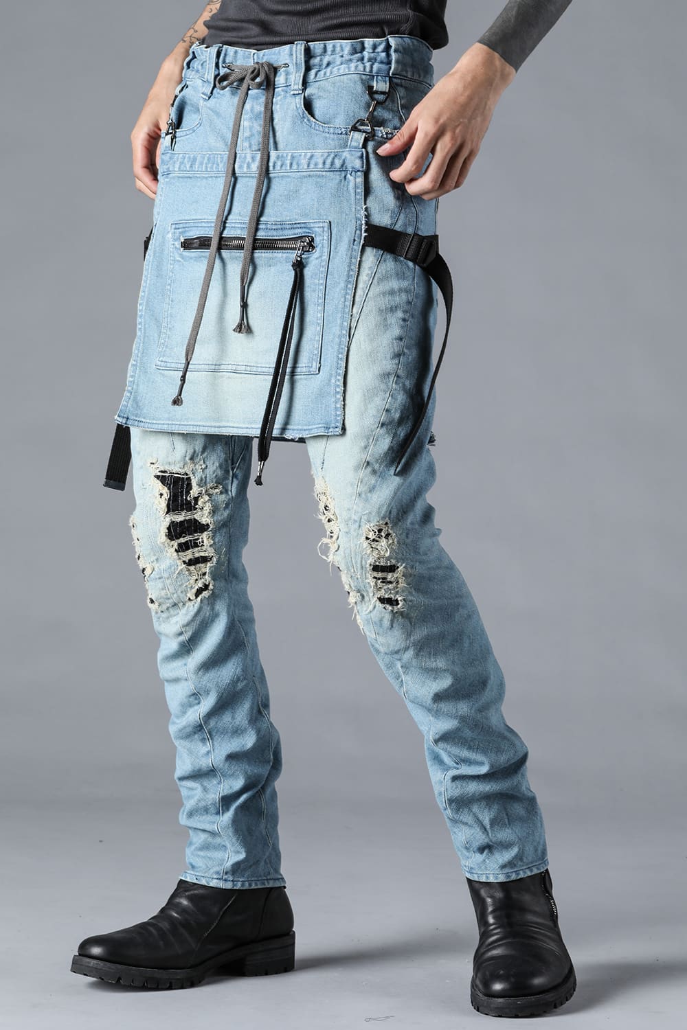 Bum Flap Distressed Denim Drop Crotch Slim Pants