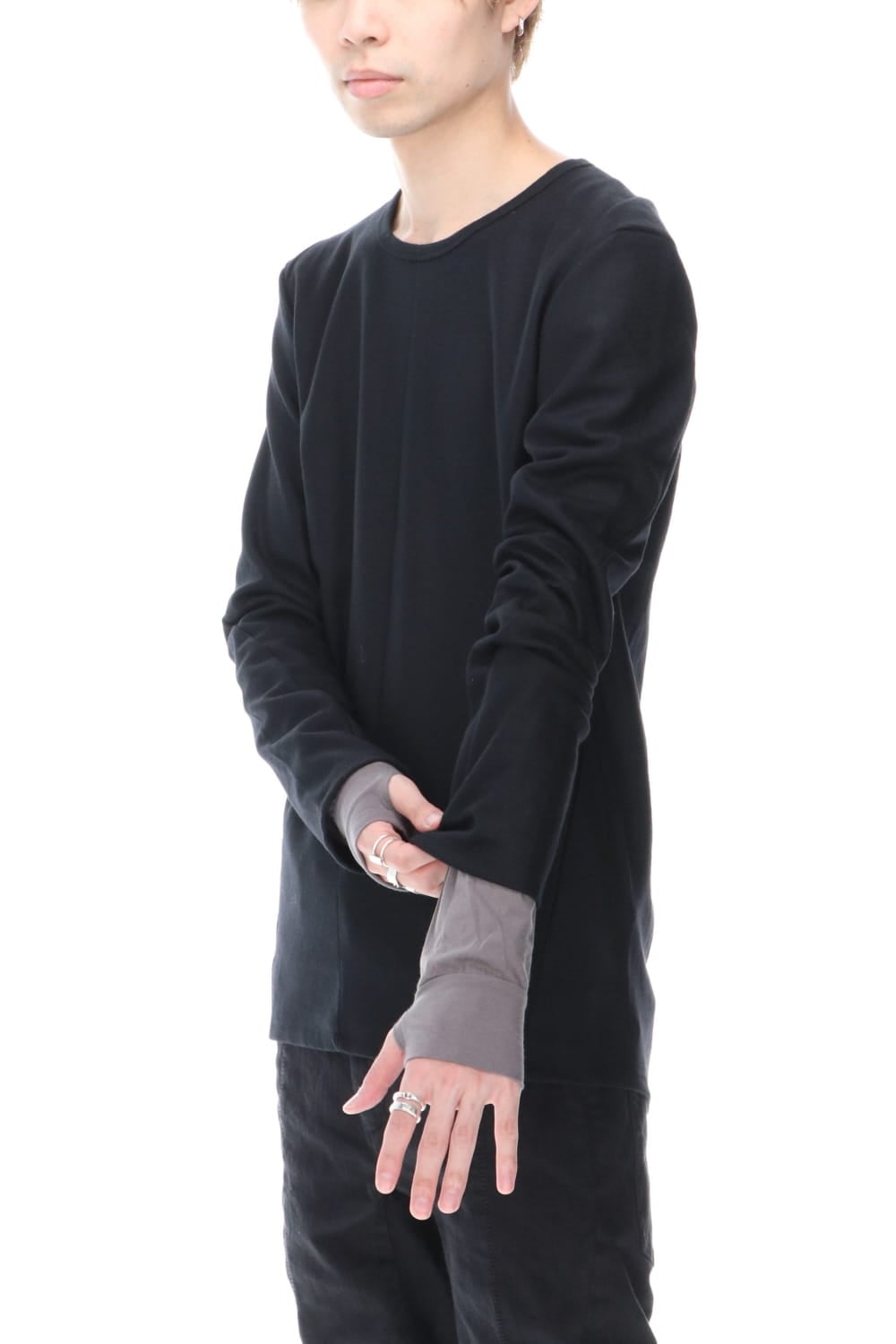 Wool super100s Smooth layered Long sleeve T-shirt Black