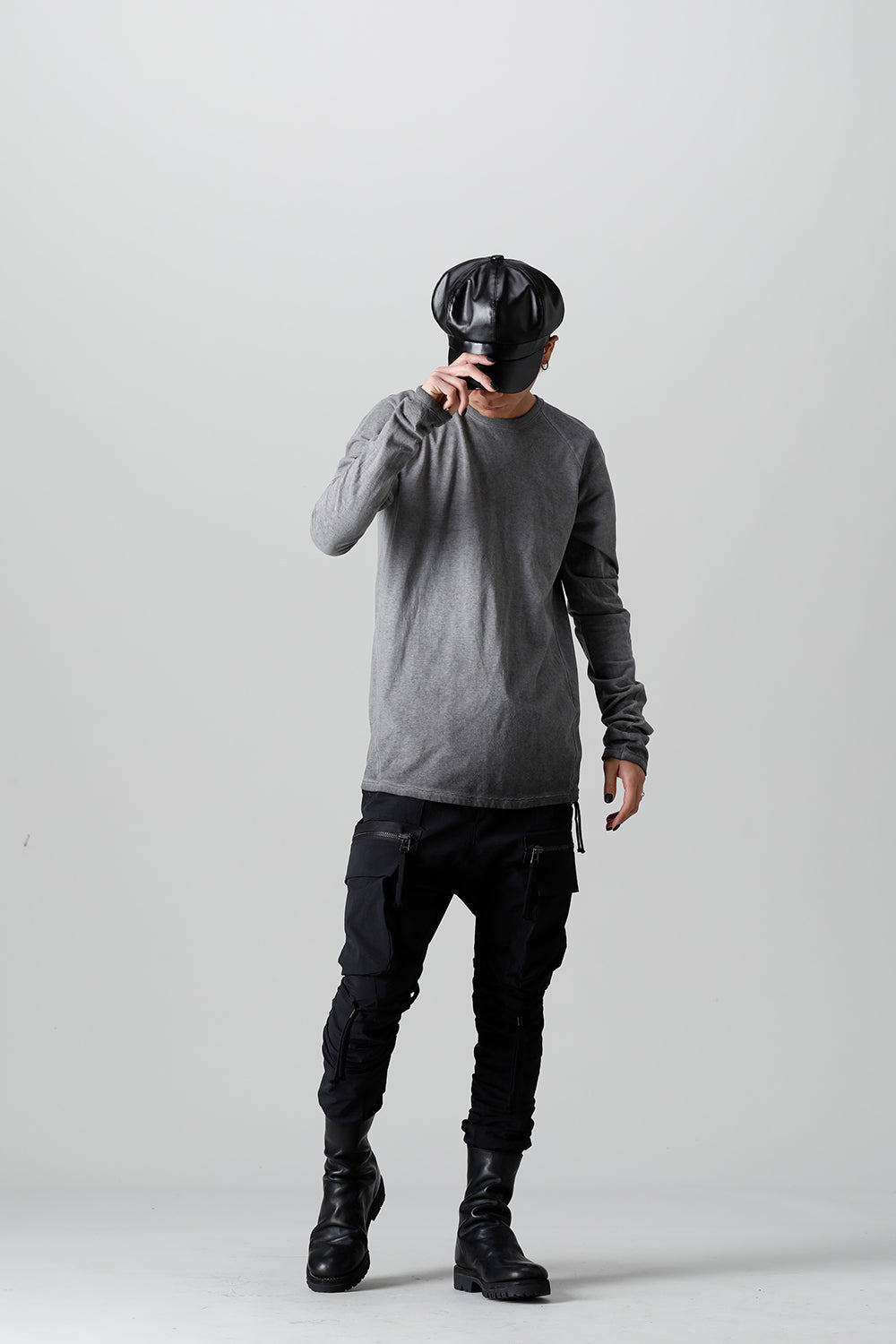 Gradation Cold Dyed Strong Twist Light Cotton Jersey Long Sleeve T-Shirt  Gray