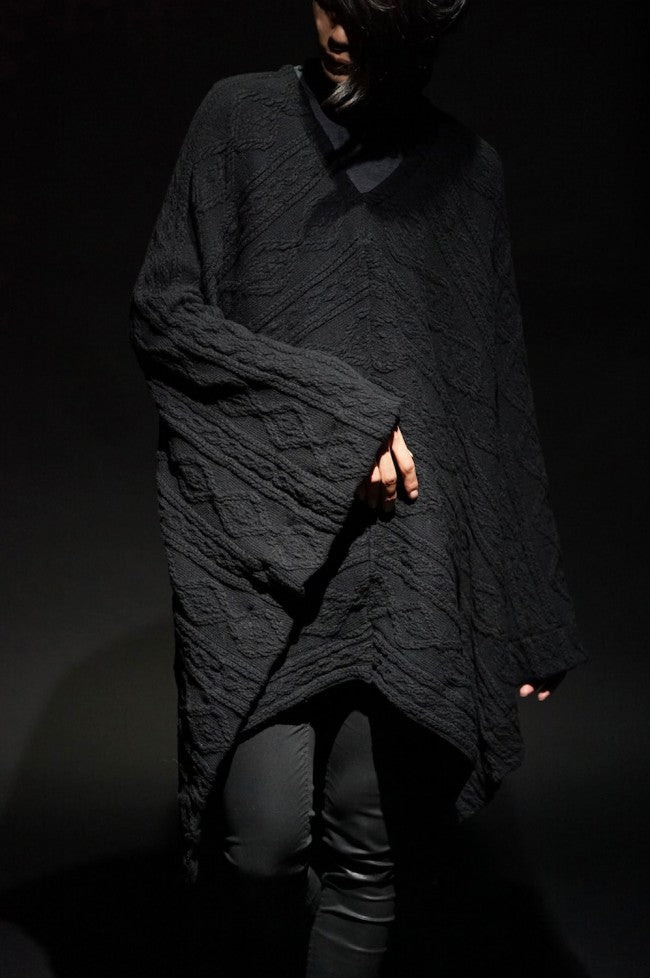 16AW Cable Knit Jacquard Poncho BLACK