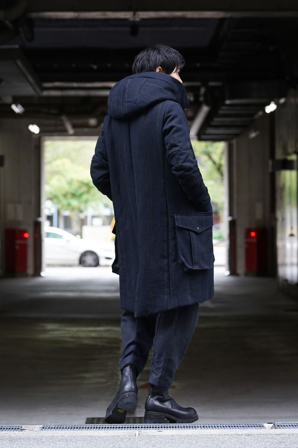 Shetland Wool Linen Stripe Batting Hood Coat Navy Black