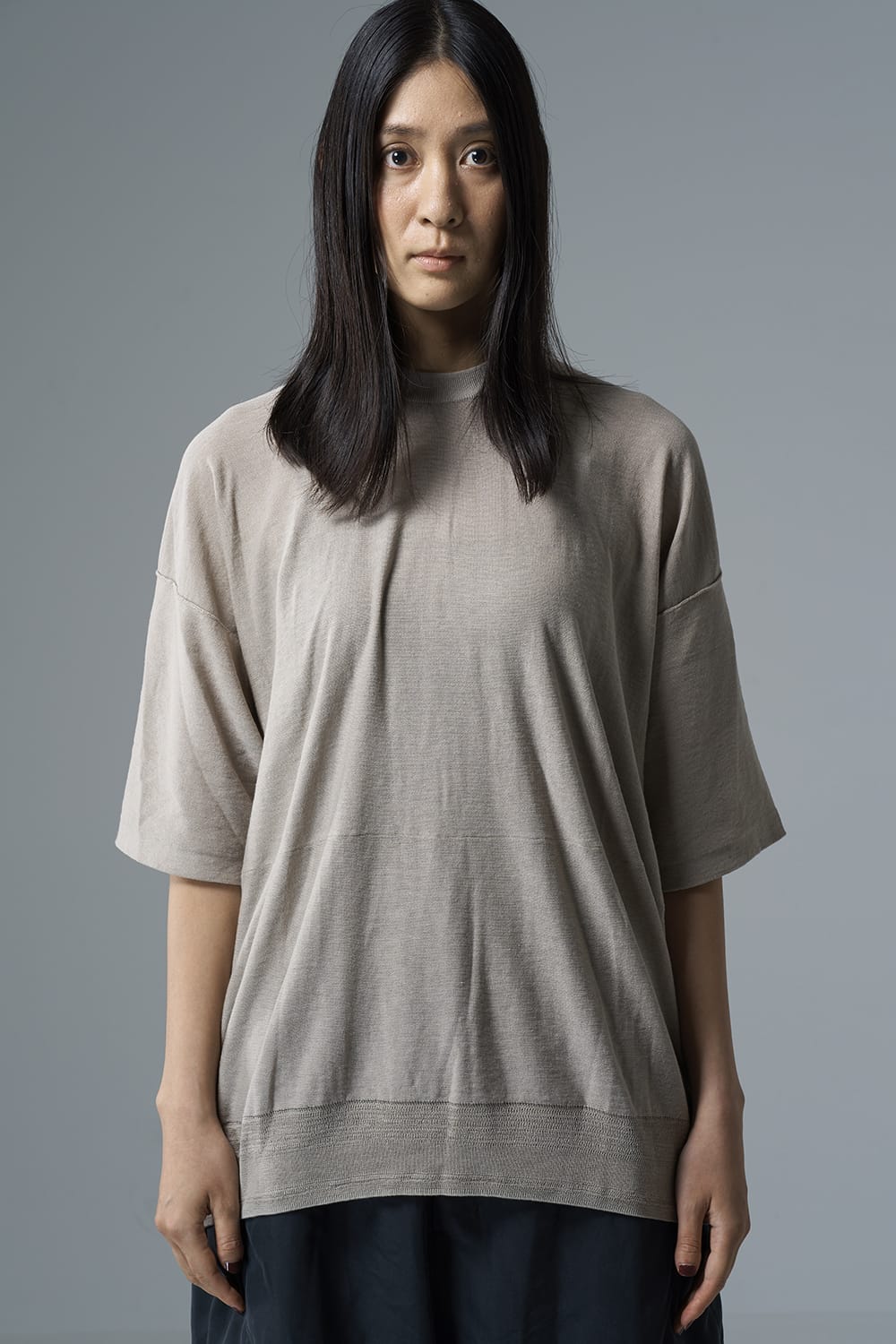 ルーズフィット ニットショートスリーブ シルク/コットン  ベージュグレー