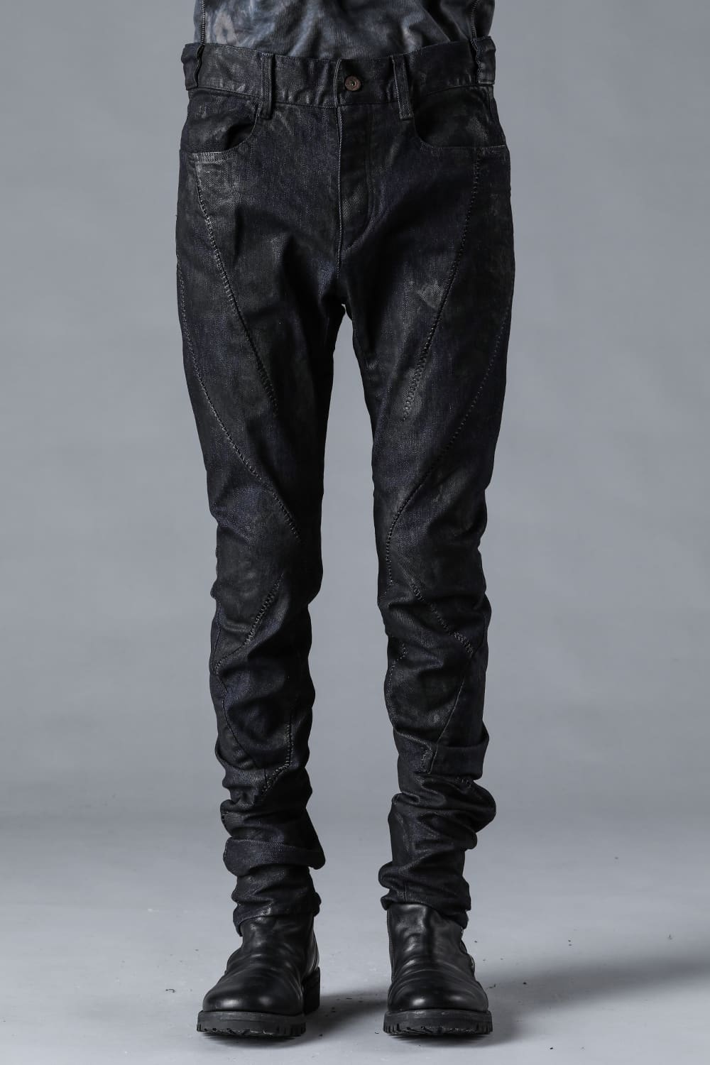 Coated Stretch Denim Overlock Twisted Curve Slim Pants