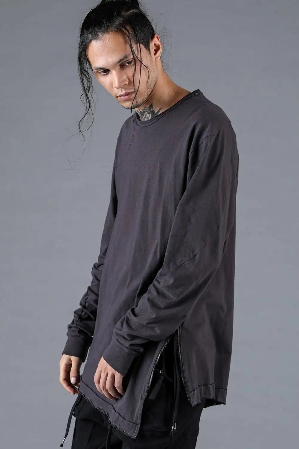 30/- Soft Cotton Jersey Side Zip Long Sleeve T-Shirt Charcoal