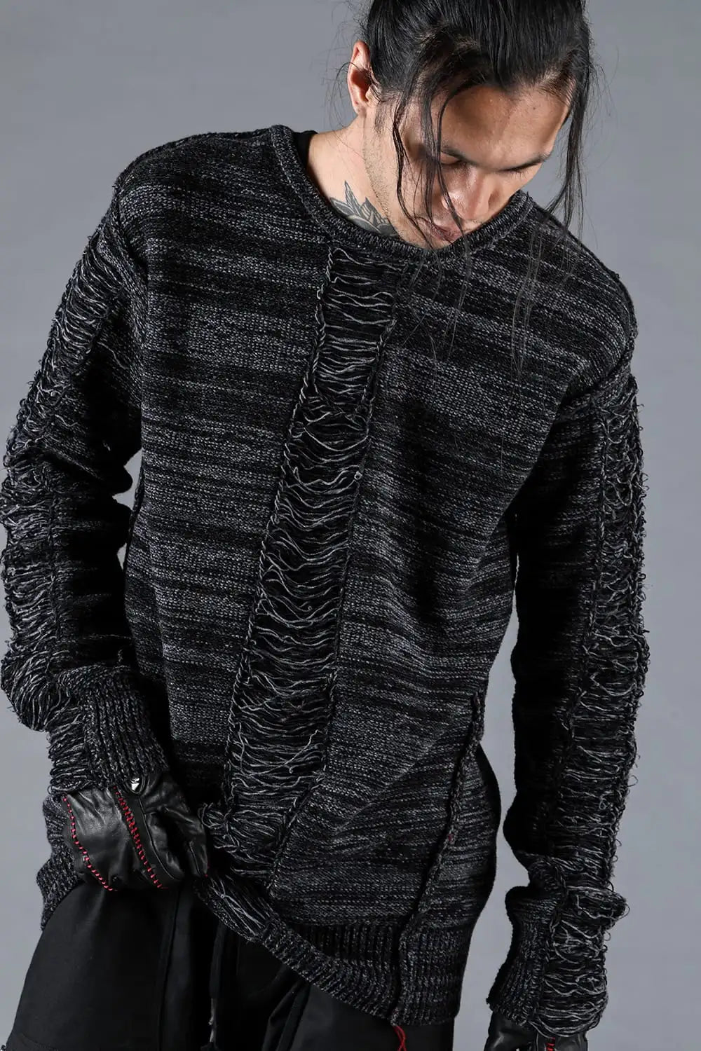 Distressed Merino Wool Knit Pullover Charcoal