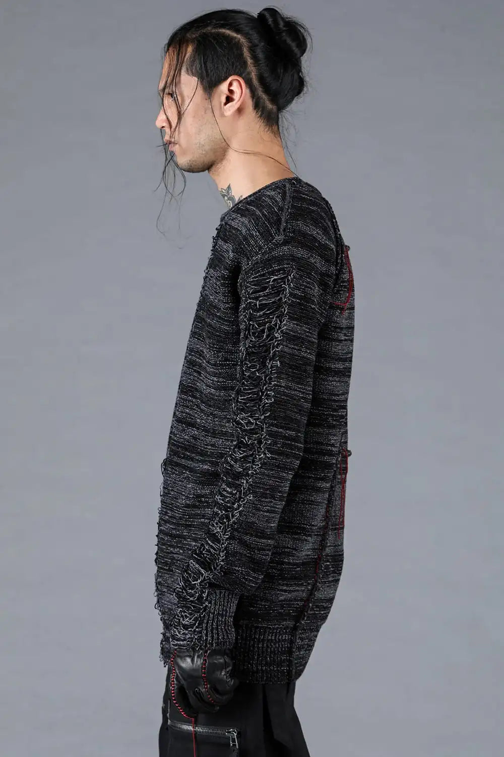 Distressed Merino Wool Knit Pullover Charcoal