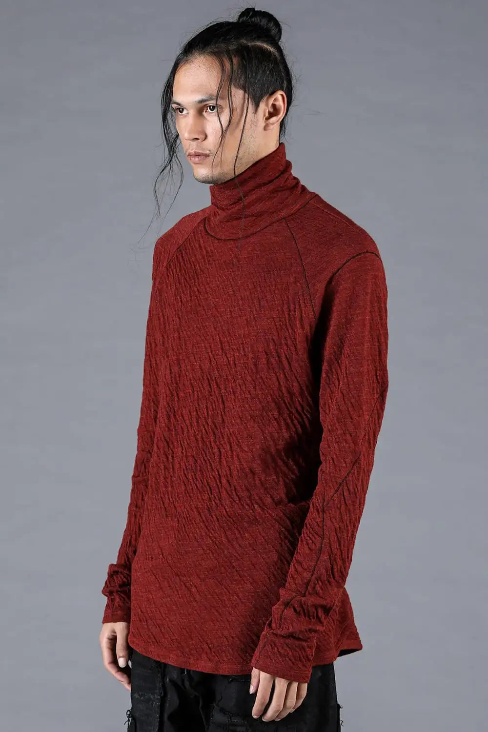 Wool x Cotton Double-Faced High-Neck Long Sleeve T-Shirt Red