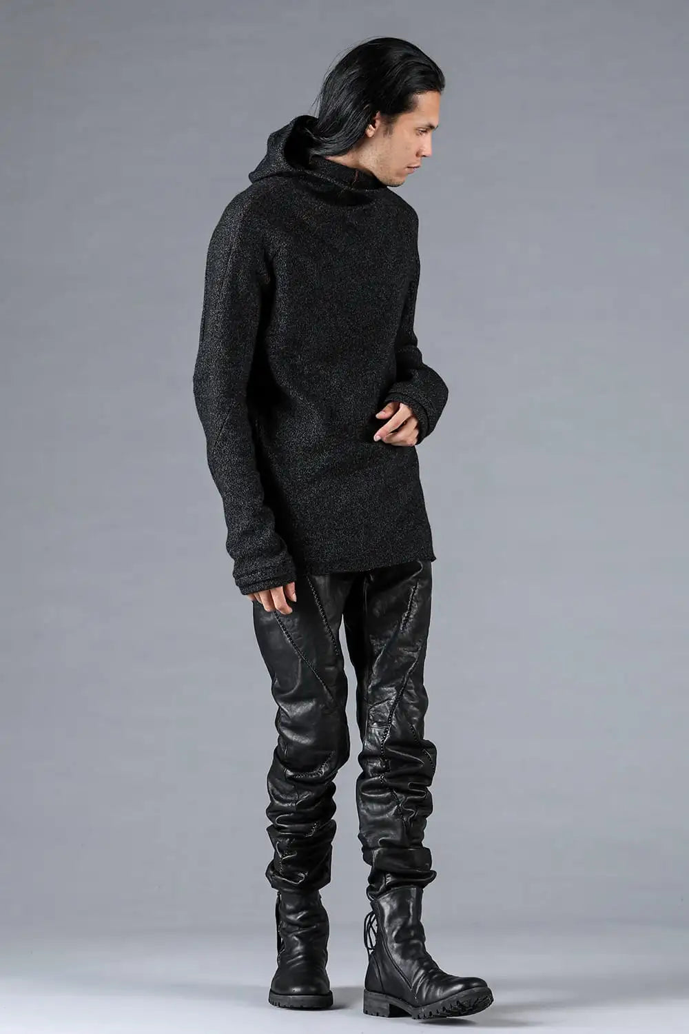 Wool Cotton Knit Balaclava Long Sleeve T-Shirt Charcoal