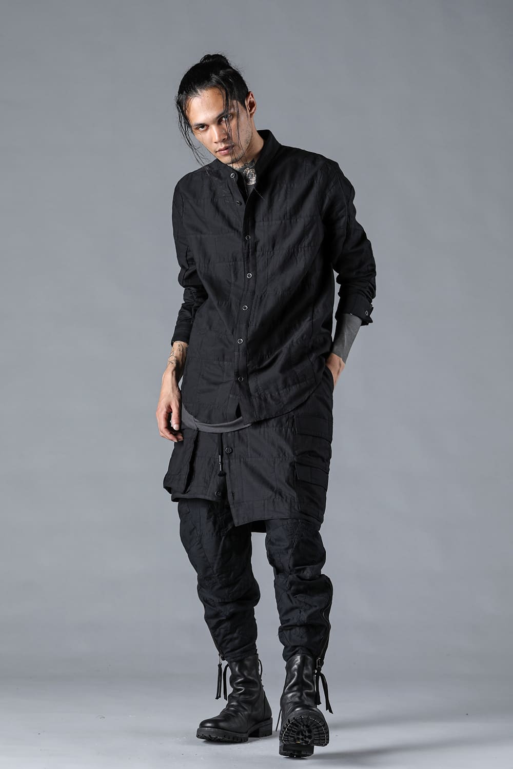 Patchwork Band Collar Shirt