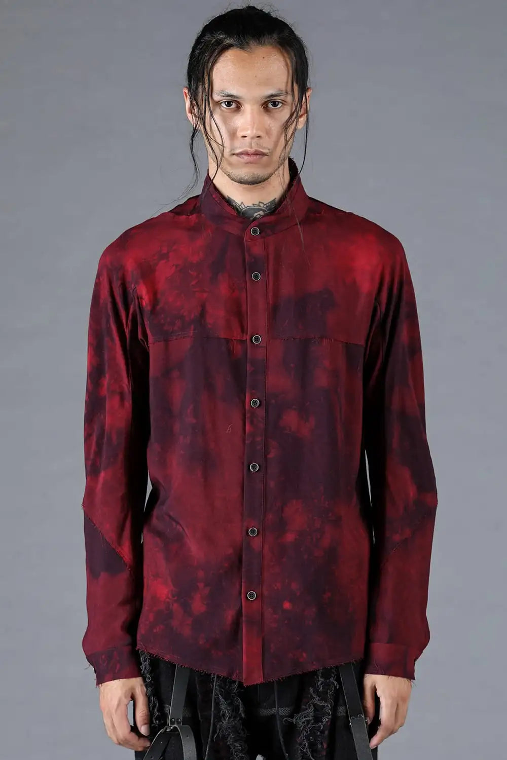 Rayon Twill Cut-Off Band Collar Shirt Red