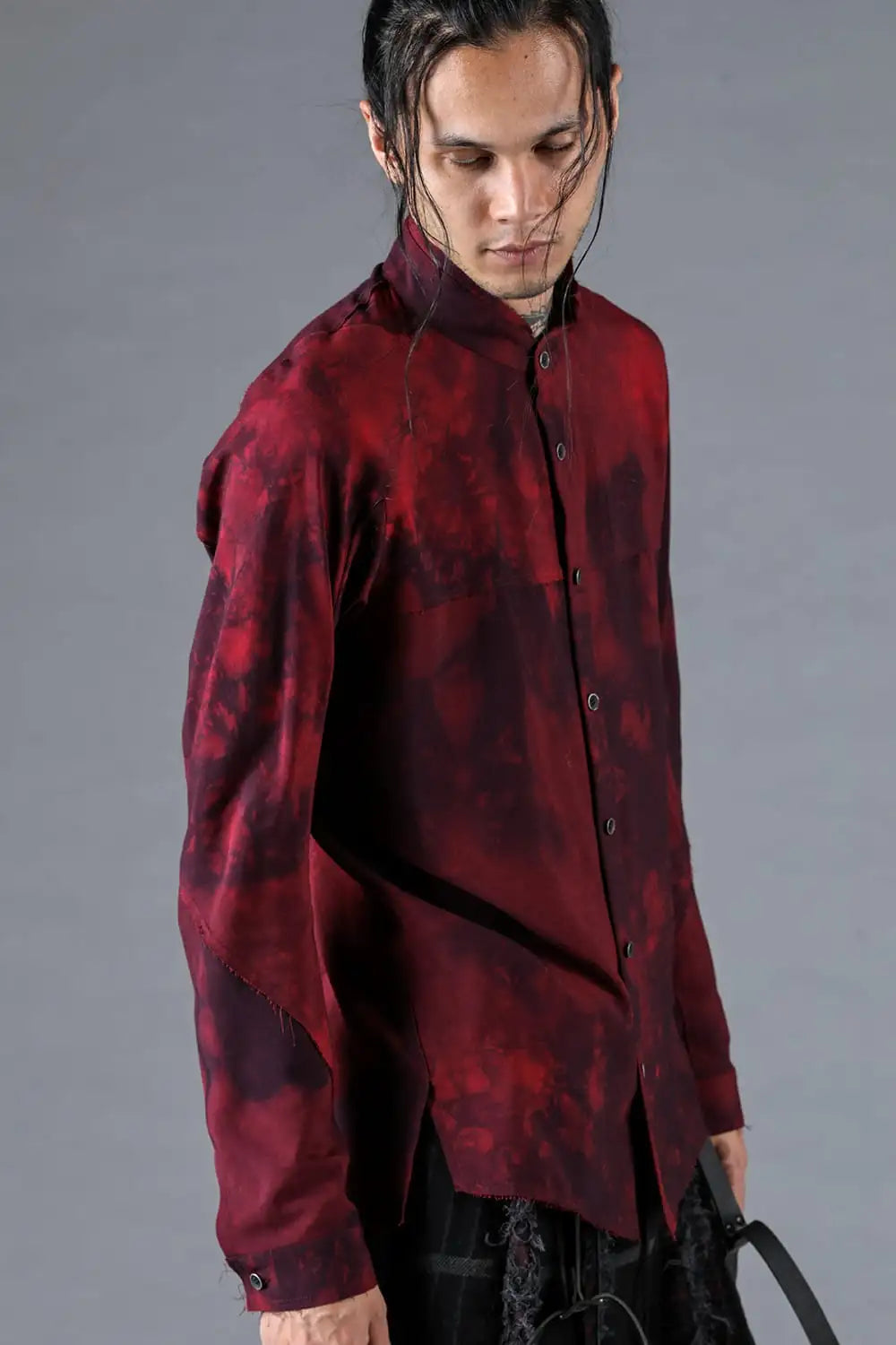 Rayon Twill Cut-Off Band Collar Shirt Red