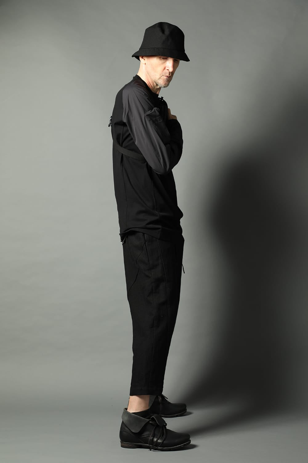 Drop crotch cropped pants cotton ramie shrink