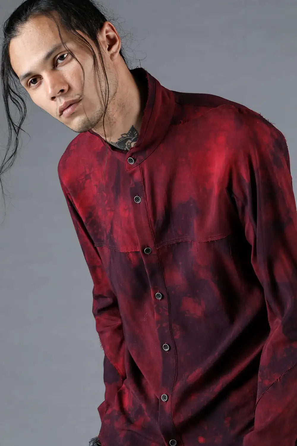 Rayon Twill Cut-Off Band Collar Shirt Red