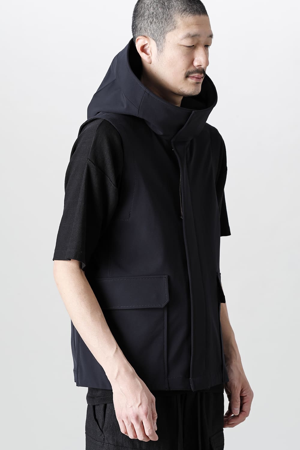 Sleeveless hooded jacket merino wool jersey bonding