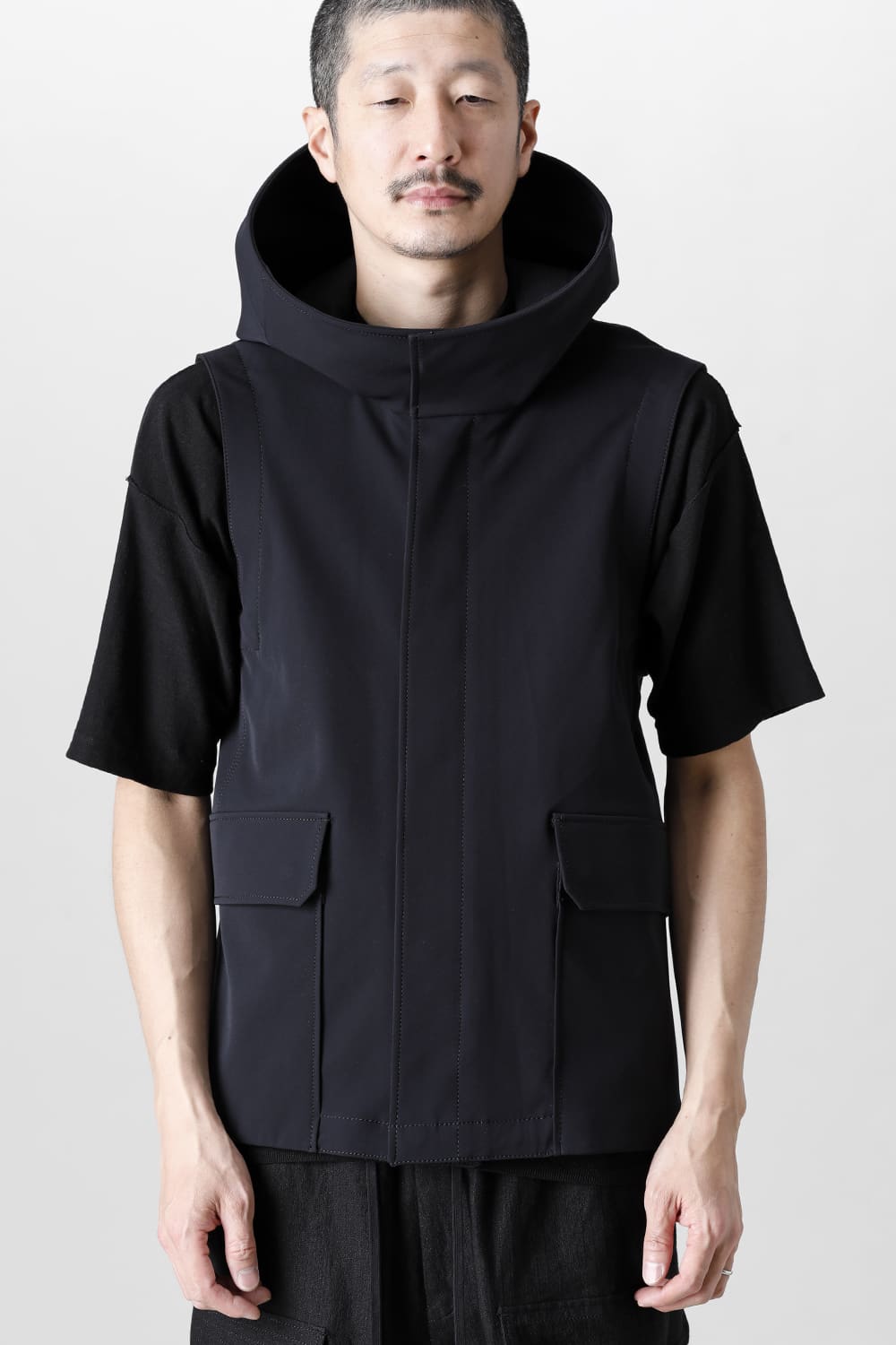 Sleeveless hooded jacket merino wool jersey bonding