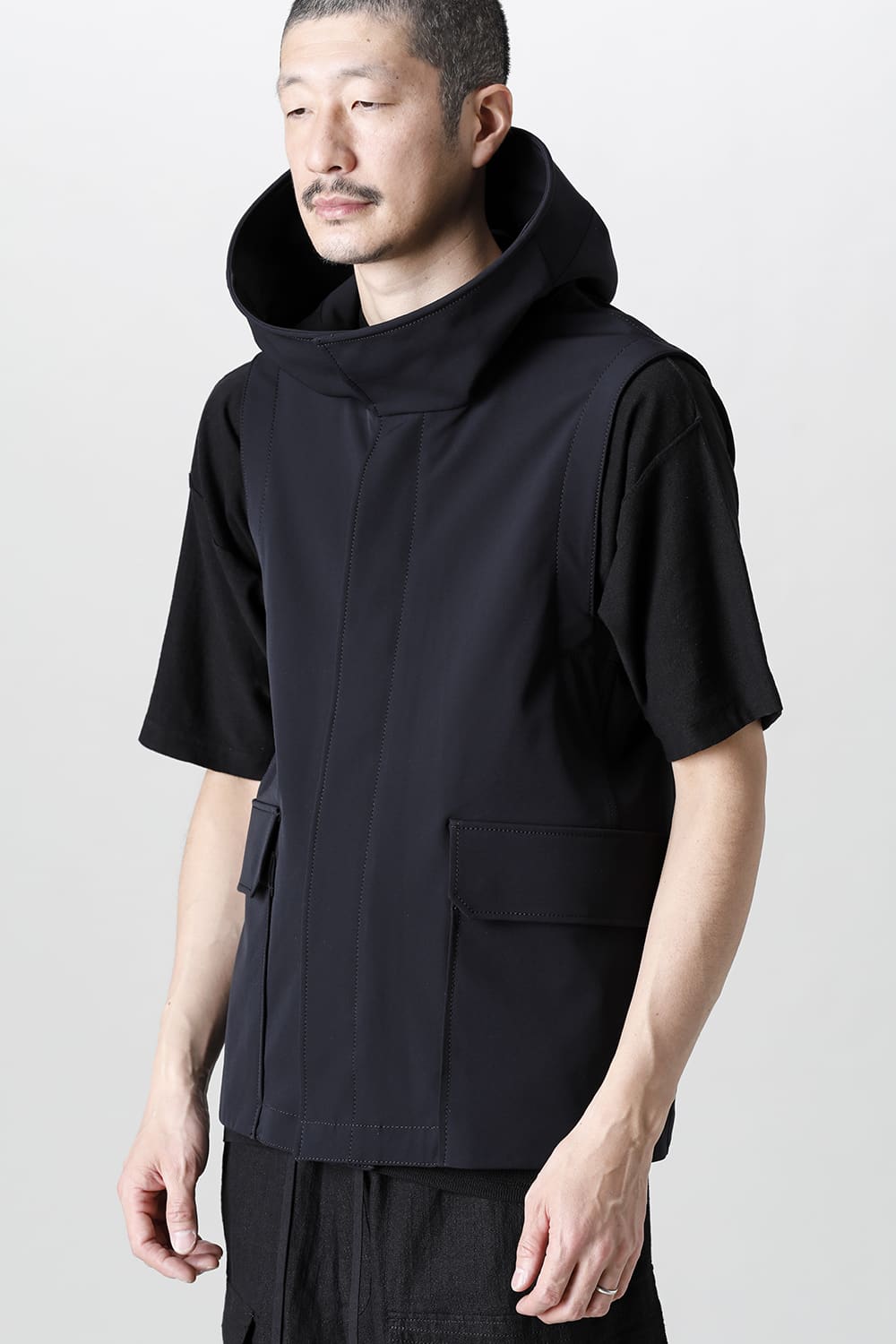 Sleeveless hooded jacket merino wool jersey bonding