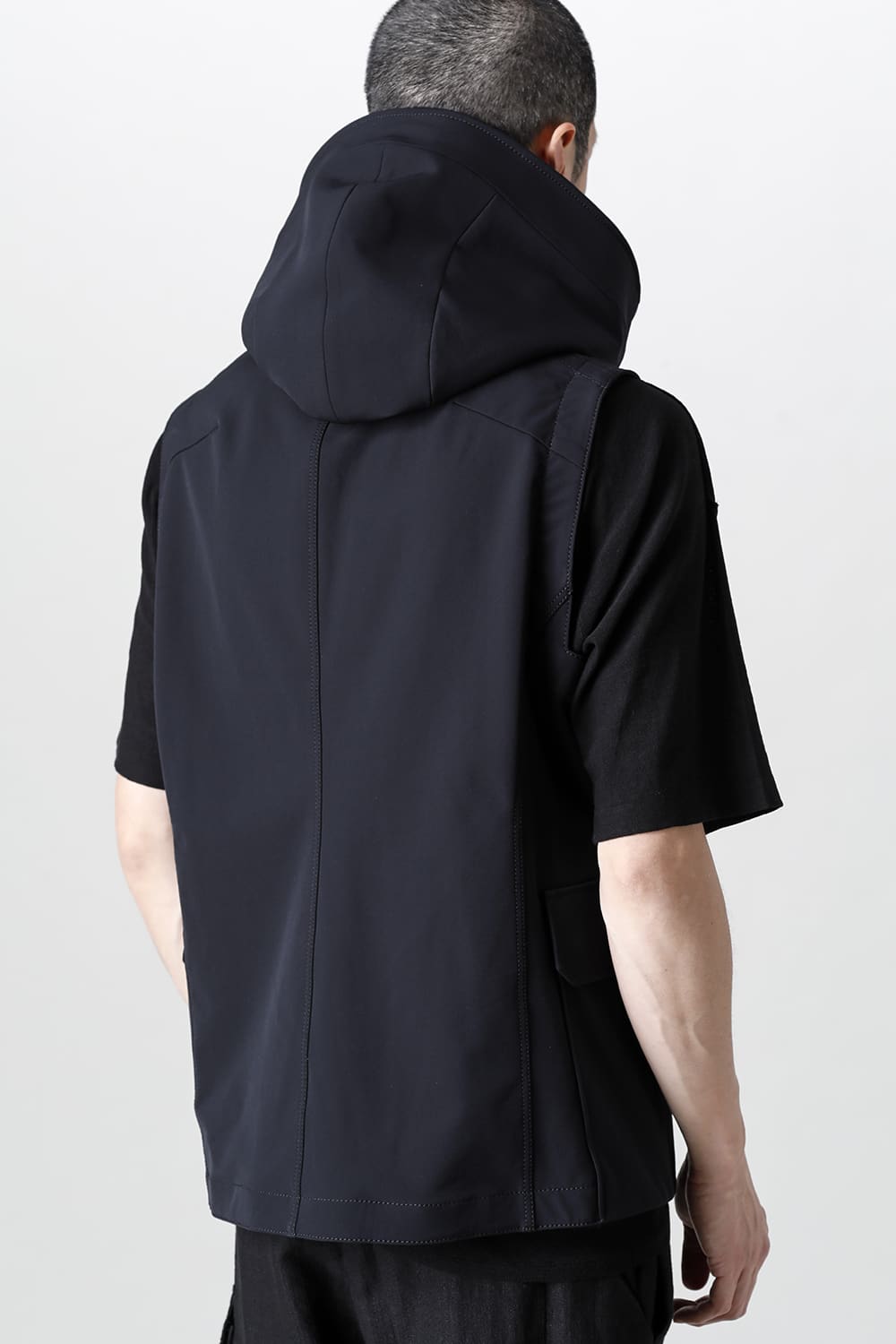 Sleeveless hooded jacket merino wool jersey bonding