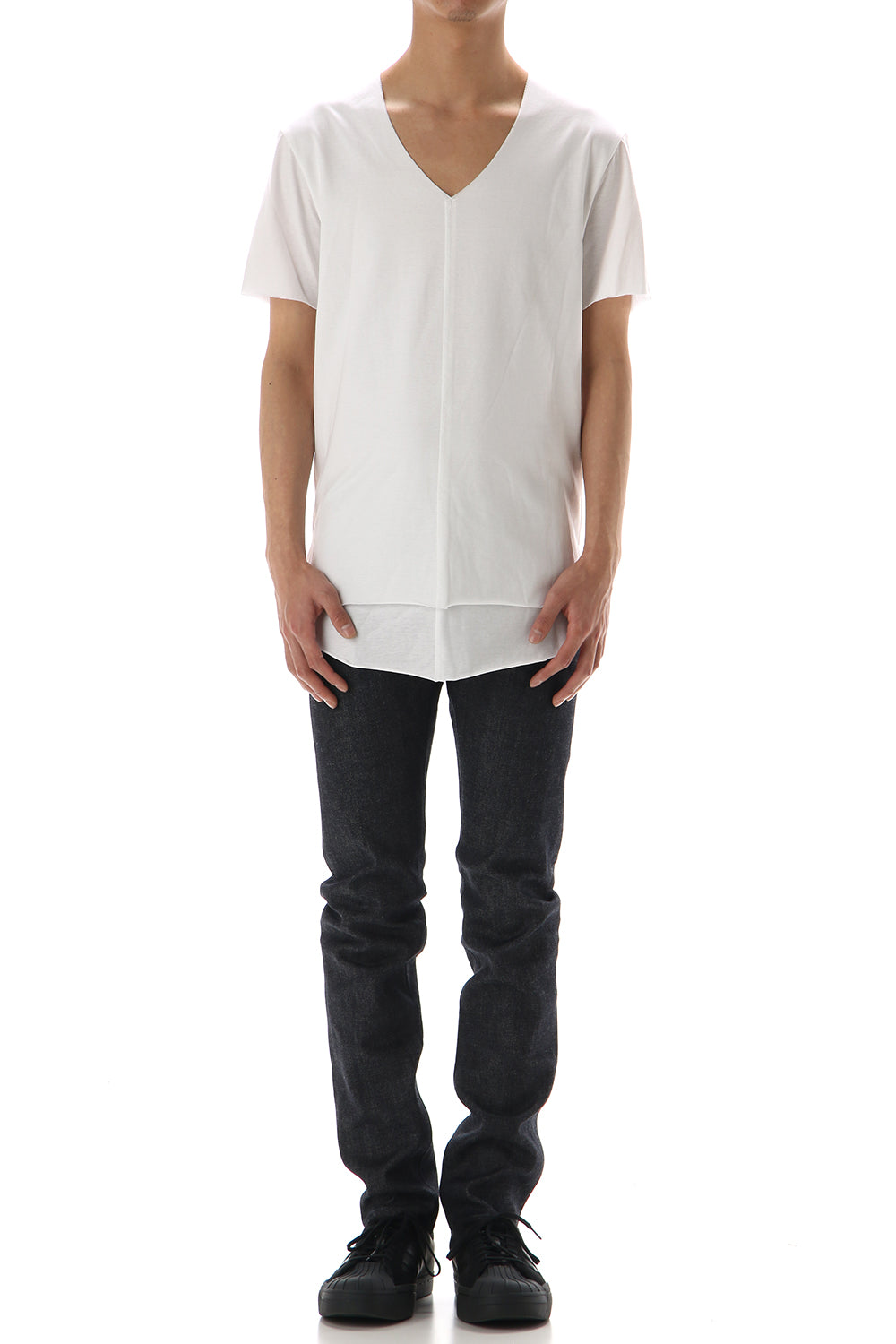 Layered cutsew V-neck - White