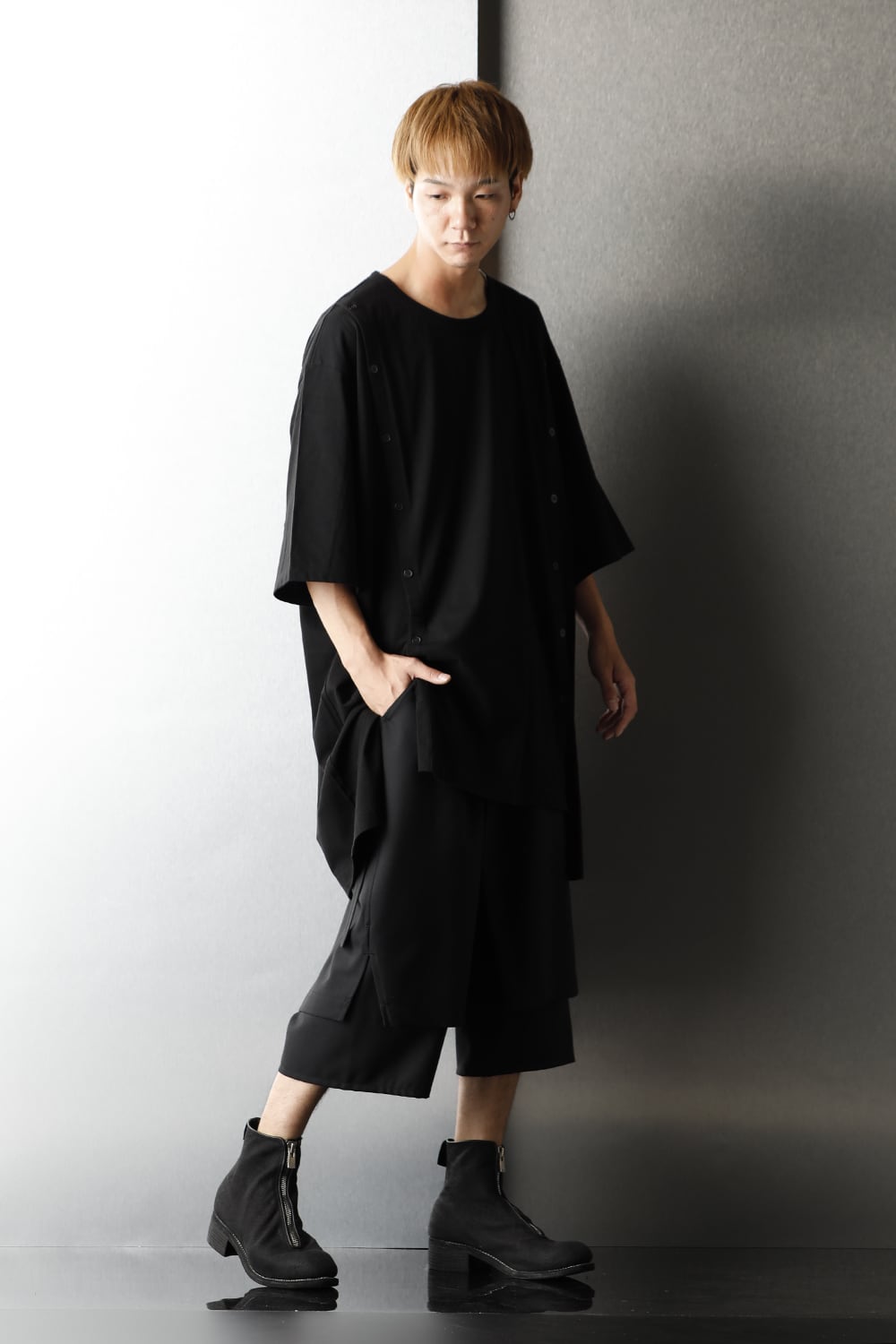 ジャージー オープン ボタン ショートスリーブ ジャンボ T ブラック