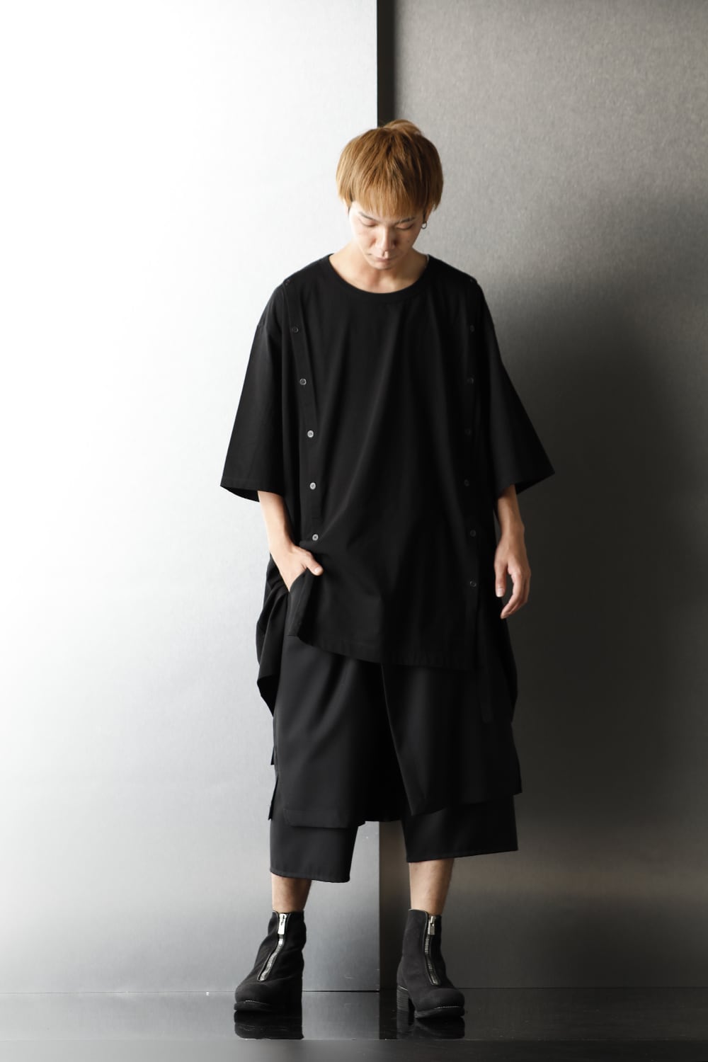 ジャージー オープン ボタン ショートスリーブ ジャンボ T ブラック