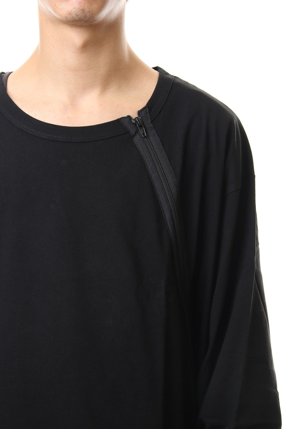 ジャージー ショルダーズジッパー ロングスリーブ T ブラック