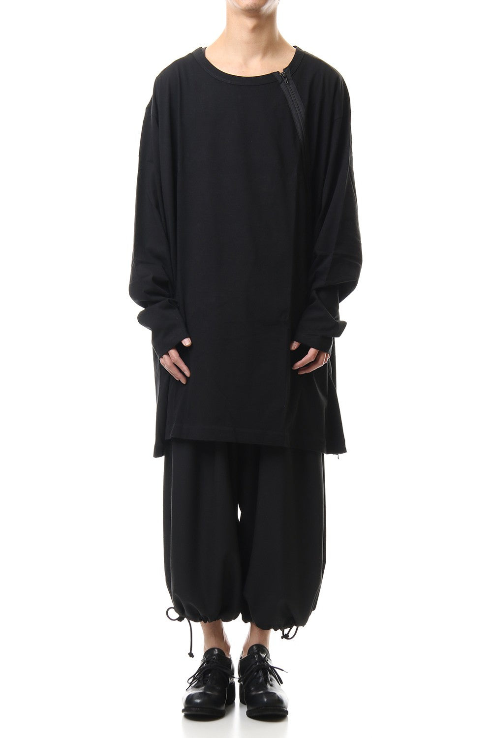 ジャージー ショルダーズジッパー ロングスリーブ T ブラック