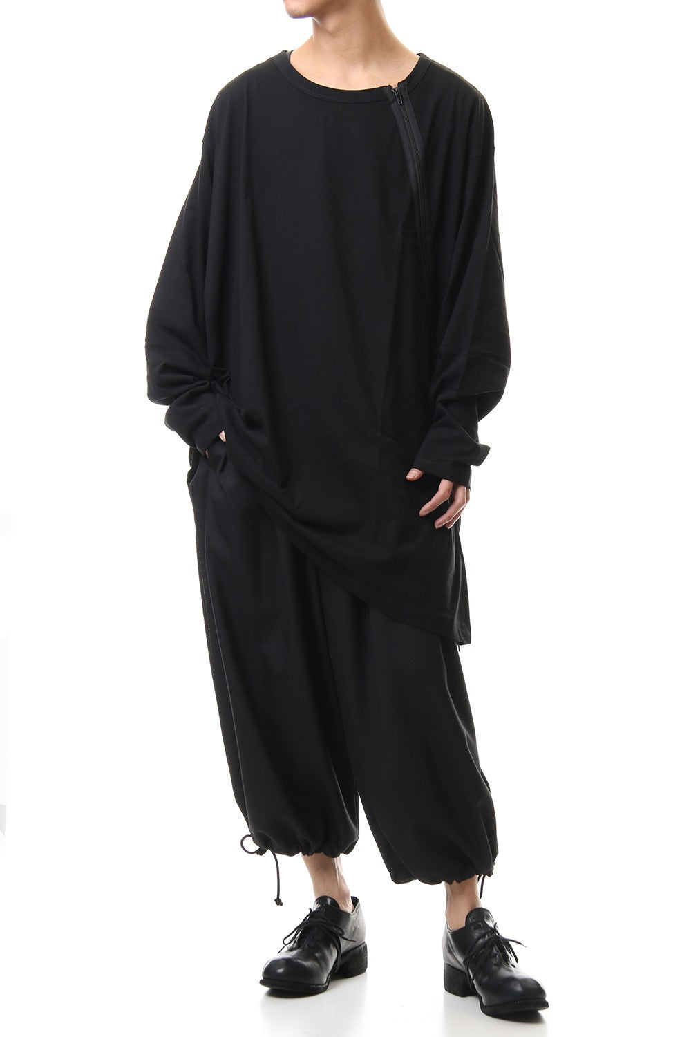 ジャージー ショルダーズジッパー ロングスリーブ T ブラック