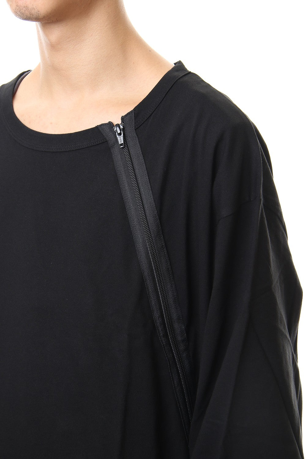 ジャージー ショルダーズジッパー ロングスリーブ T ブラック