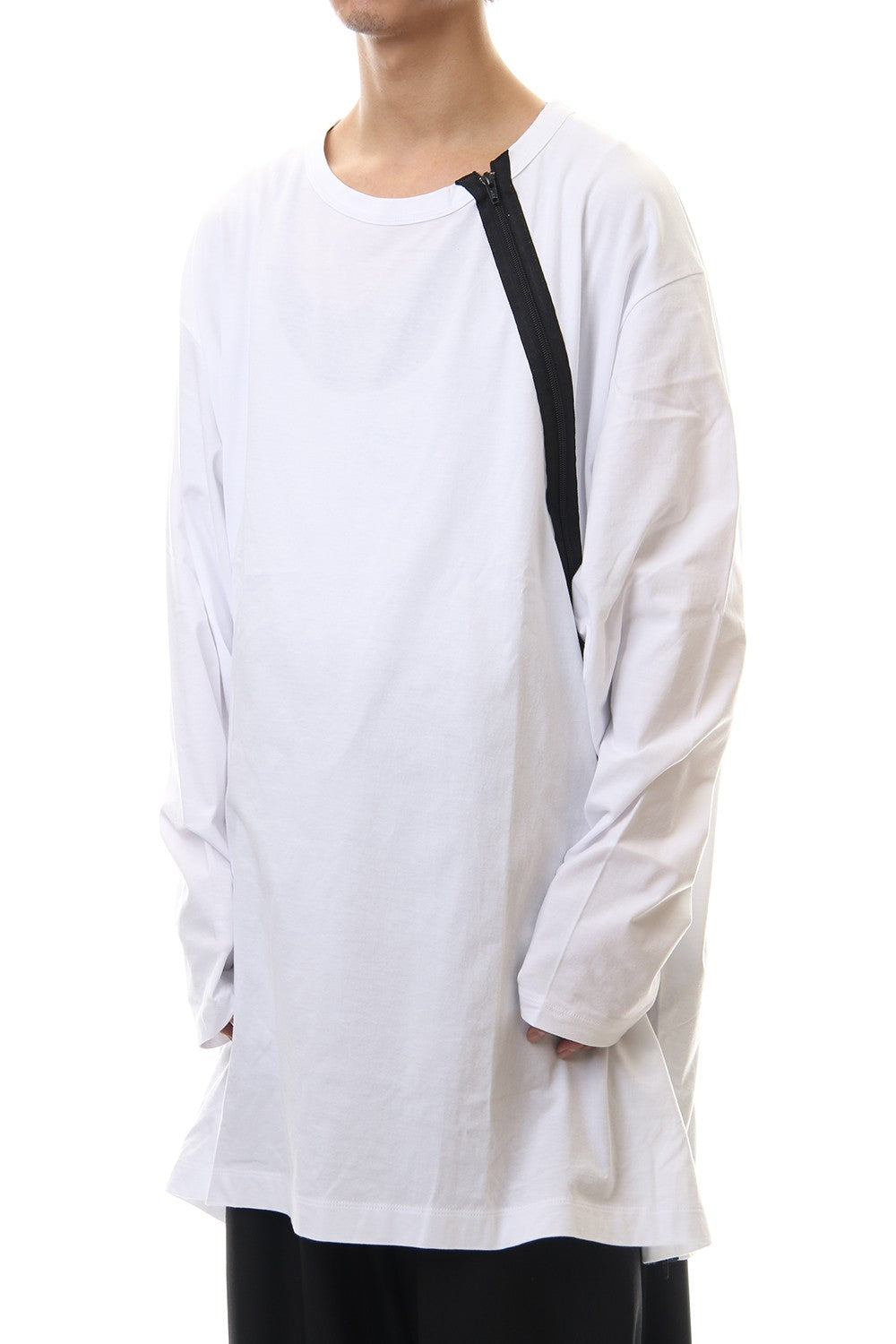 Jersey Shoulders Zipper Long Sleeve T White