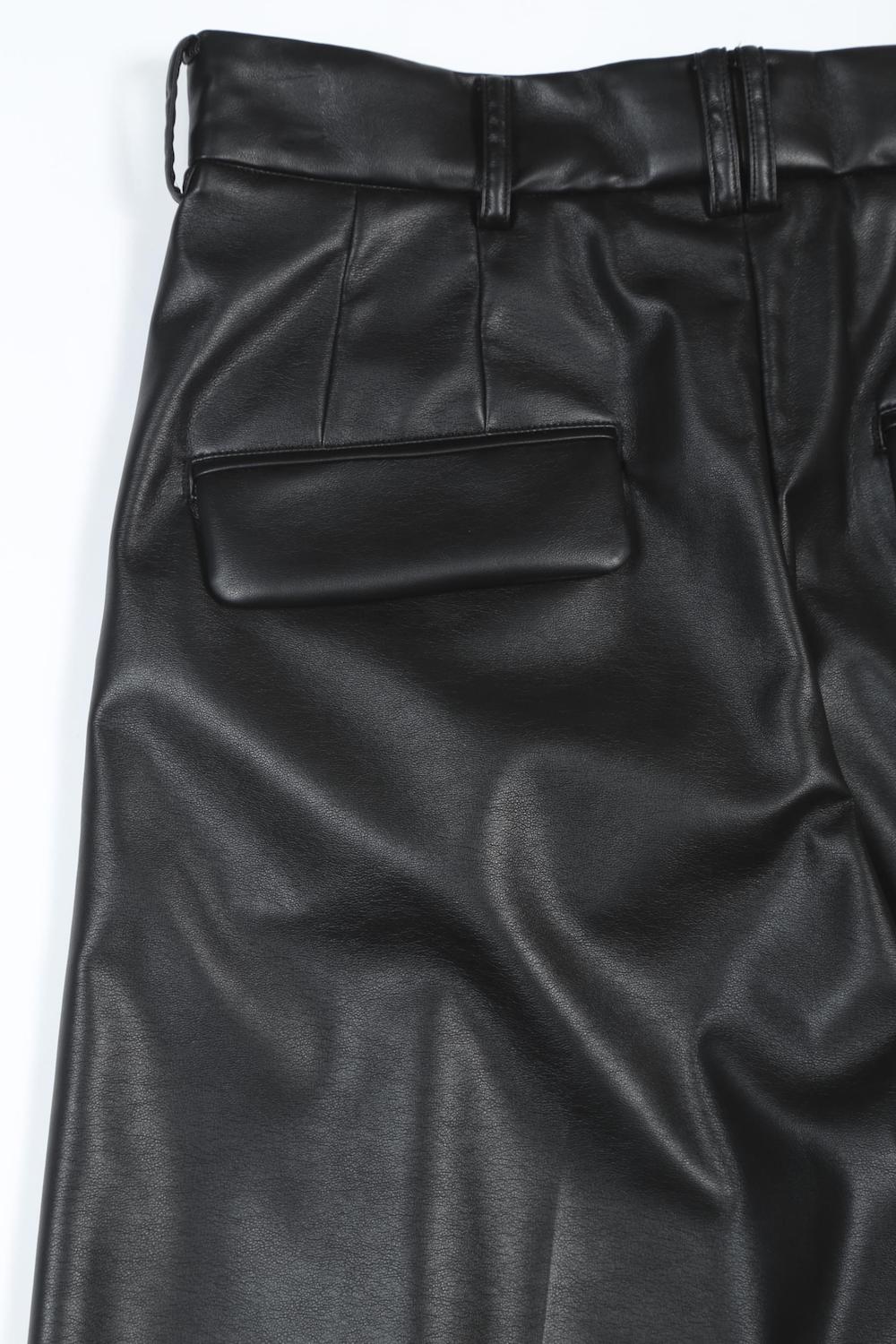 Fake Leather Tuck Wide Pants
