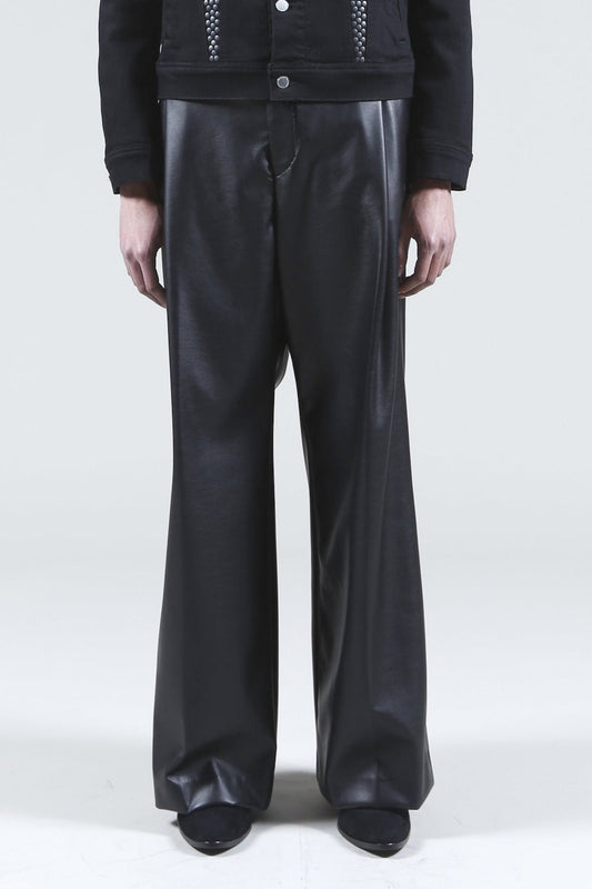 Fake Leather Tuck Wide Pants
