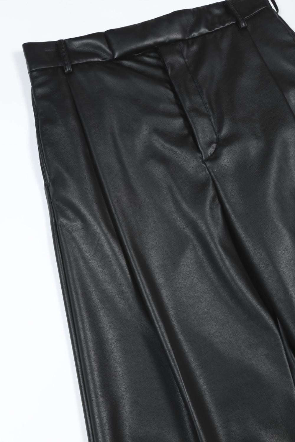 Fake Leather Tuck Wide Pants