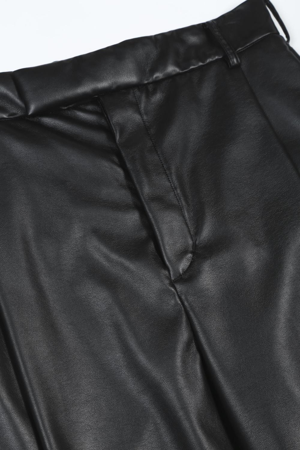 Fake Leather Tuck Wide Pants