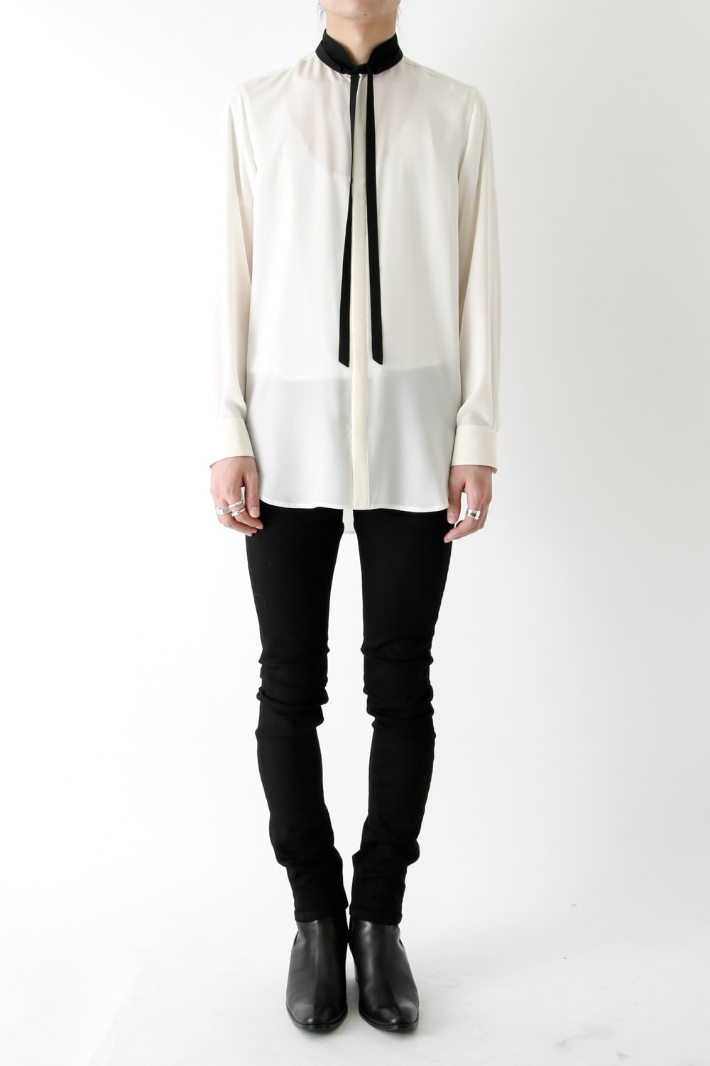 LAMBERT CREPE DE CHINE STAND BOW COLLAR SHIRT (ECRU)
