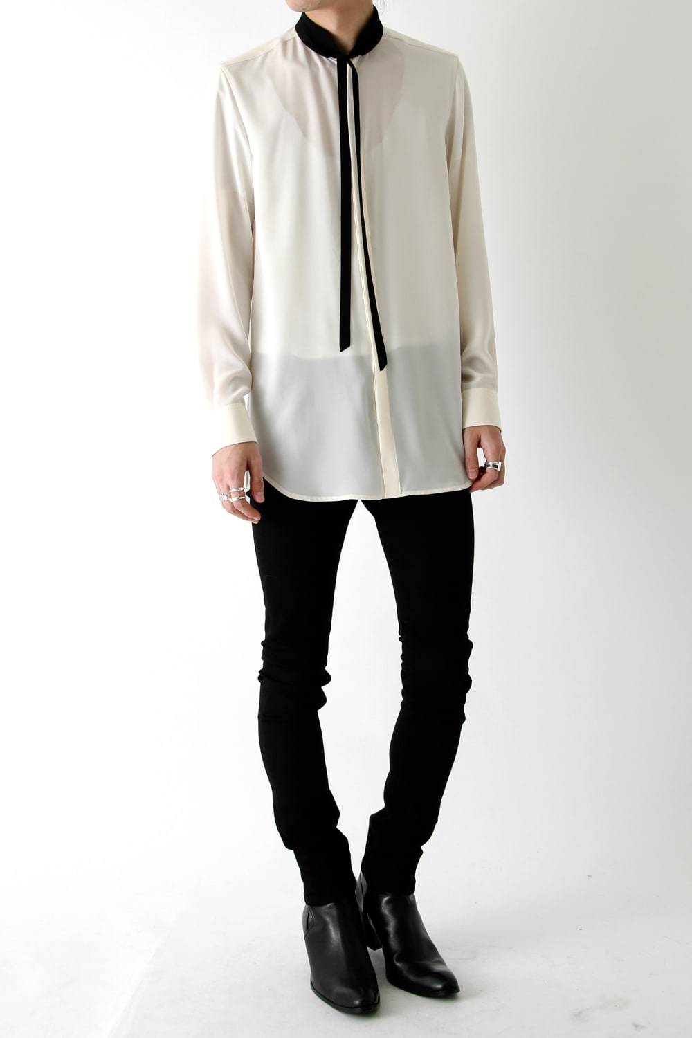 LAMBERT CREPE DE CHINE STAND BOW COLLAR SHIRT (ECRU)