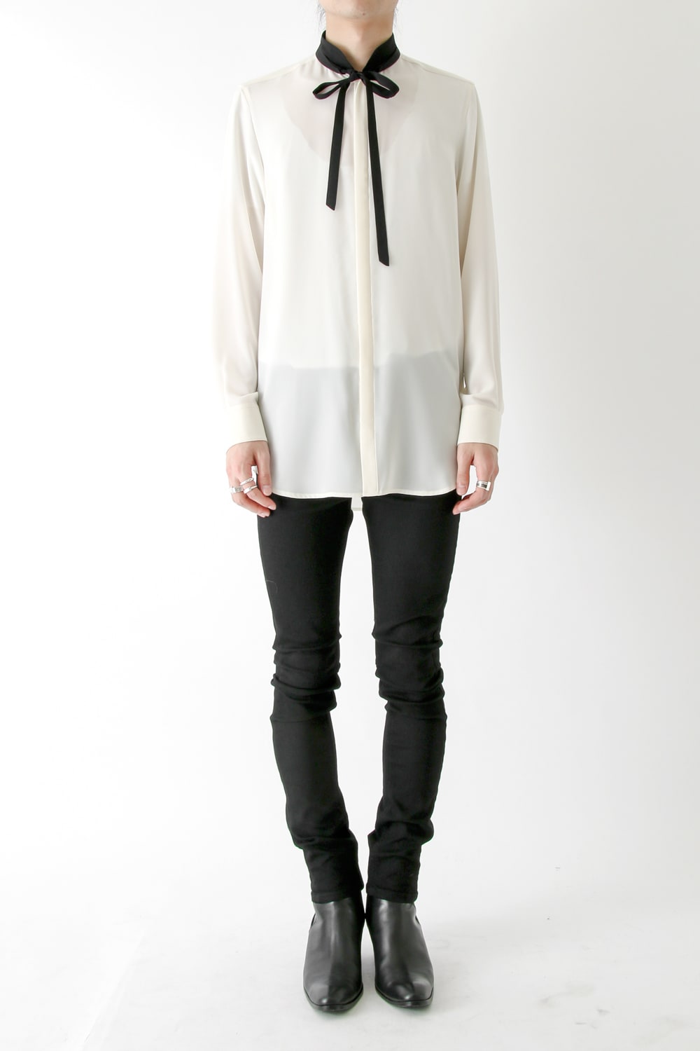 LAMBERT CREPE DE CHINE STAND BOW COLLAR SHIRT (ECRU)