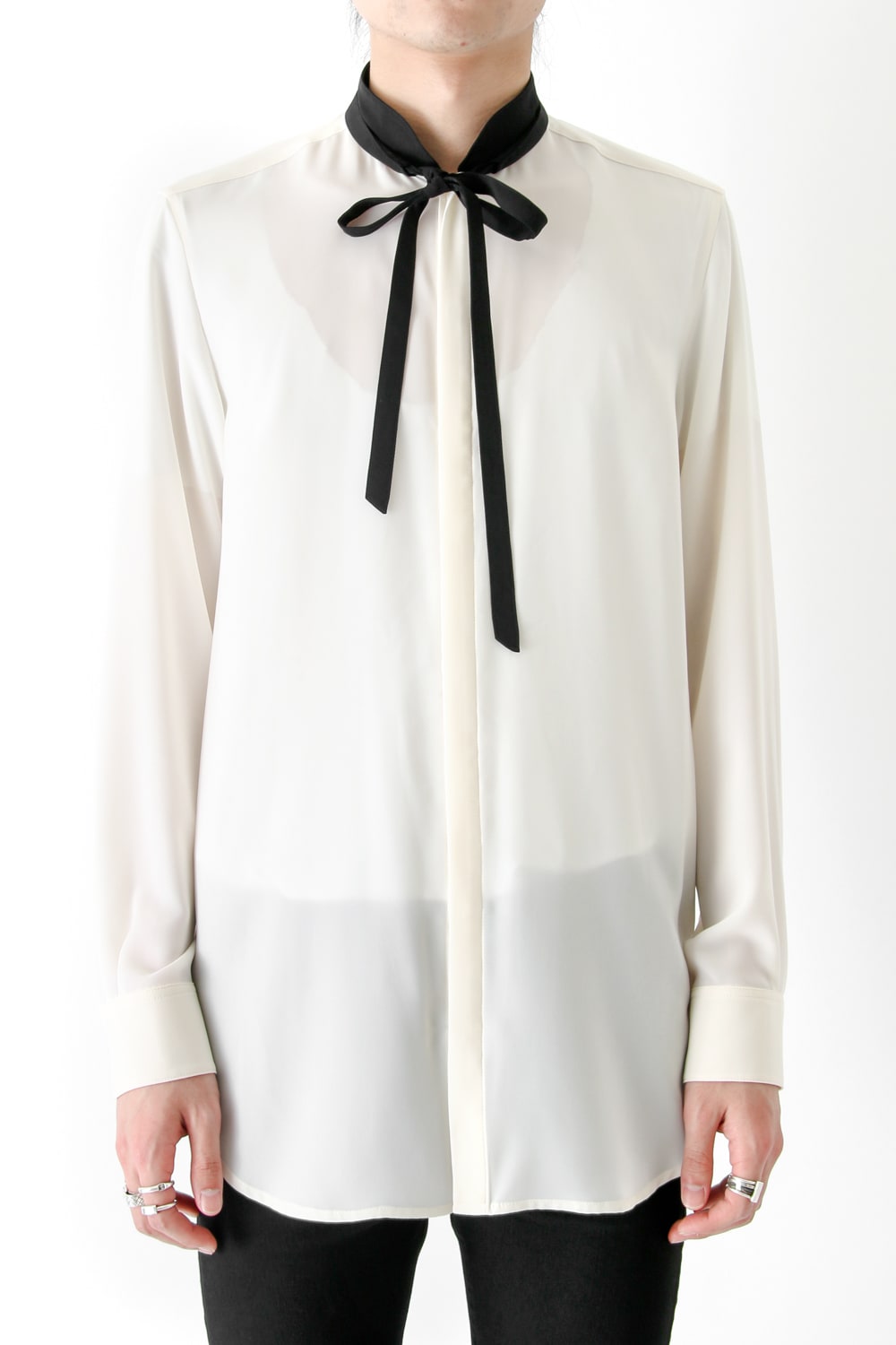 LAMBERT CREPE DE CHINE STAND BOW COLLAR SHIRT (ECRU)
