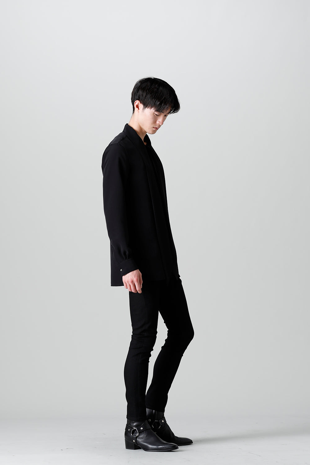 Drape Faille Bow Collar Shirt Black