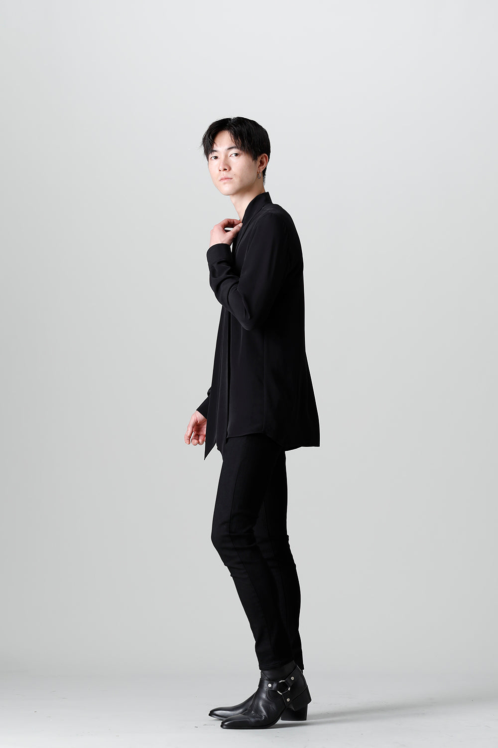 Drape Faille Bow Collar Shirt Black