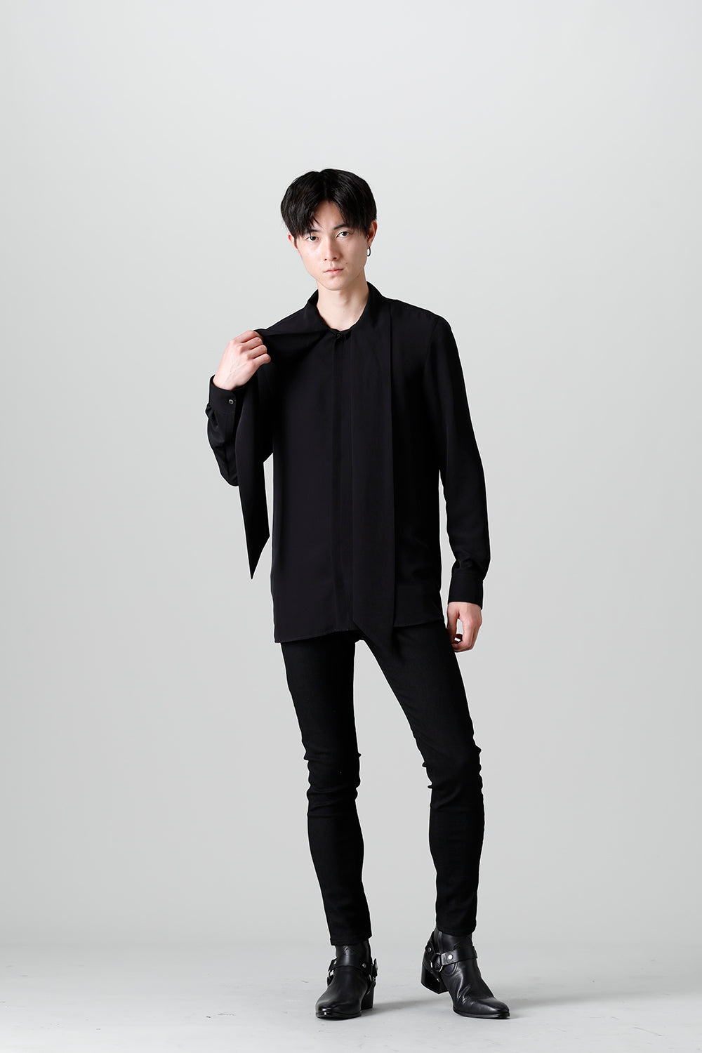 Drape Faille Bow Collar Shirt Black