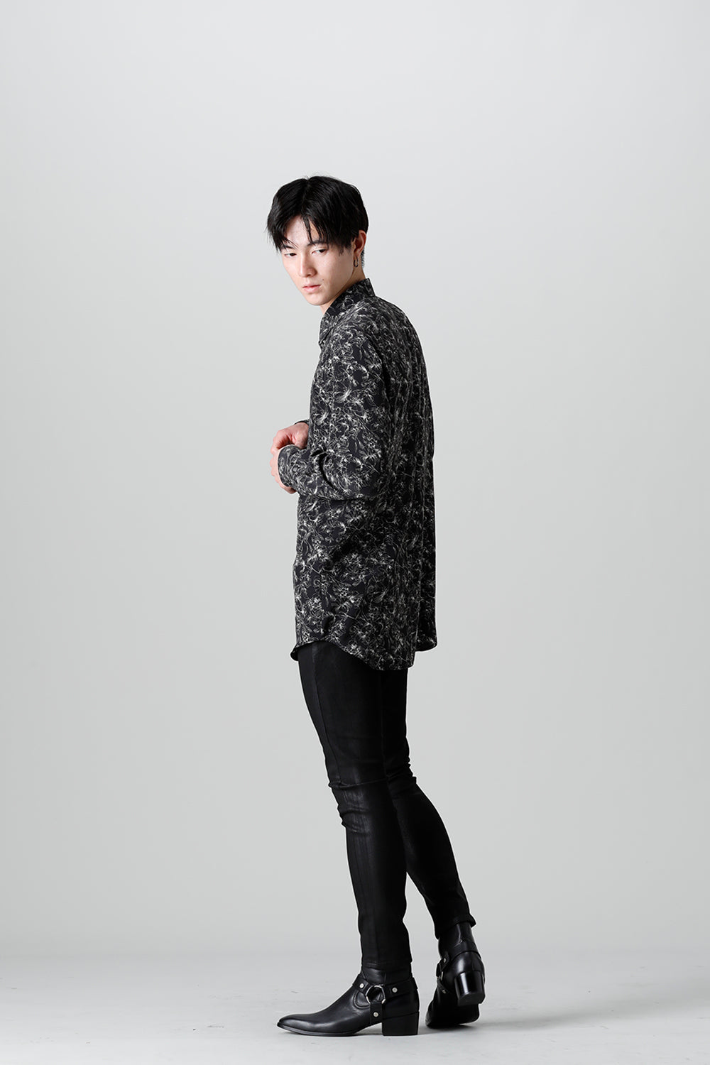 Decin Flower Print Regular Shirt Black×Off White