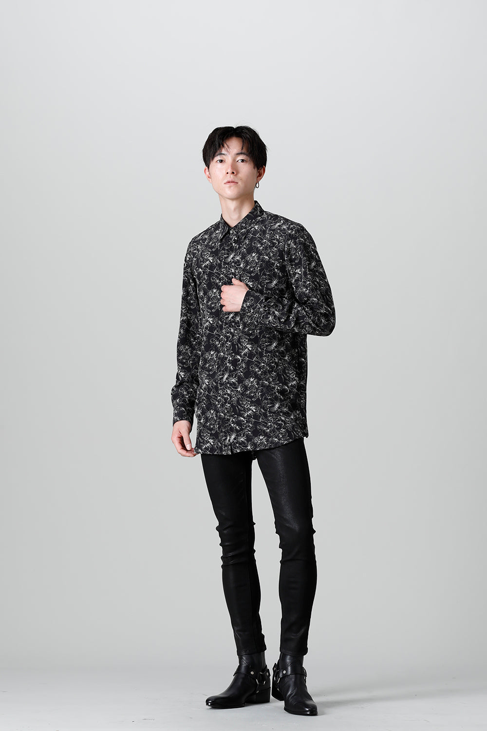 Decin Flower Print Regular Shirt Black×Off White