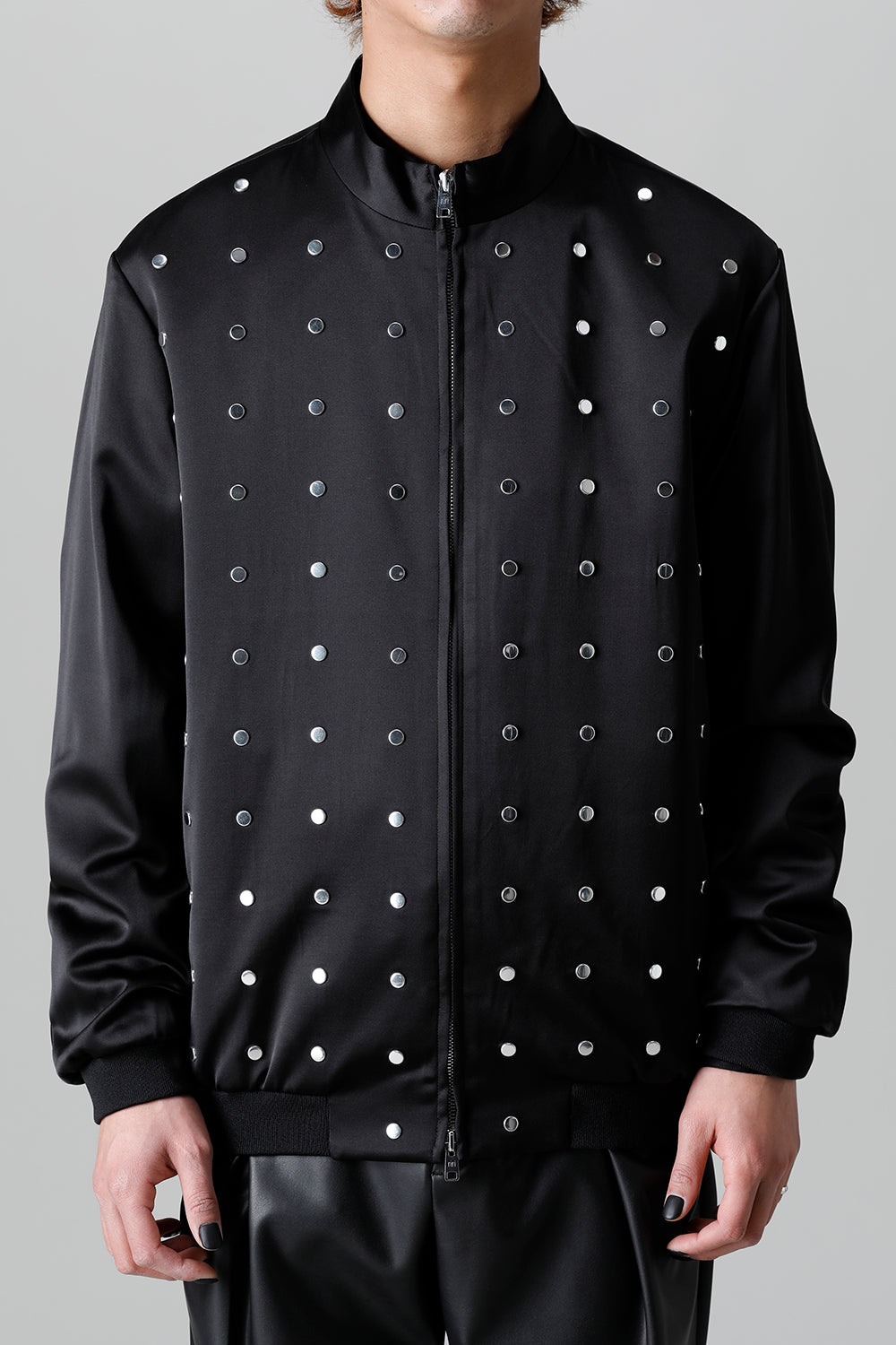 T/R Satin Studs Zip Up Blouson Black x Silver