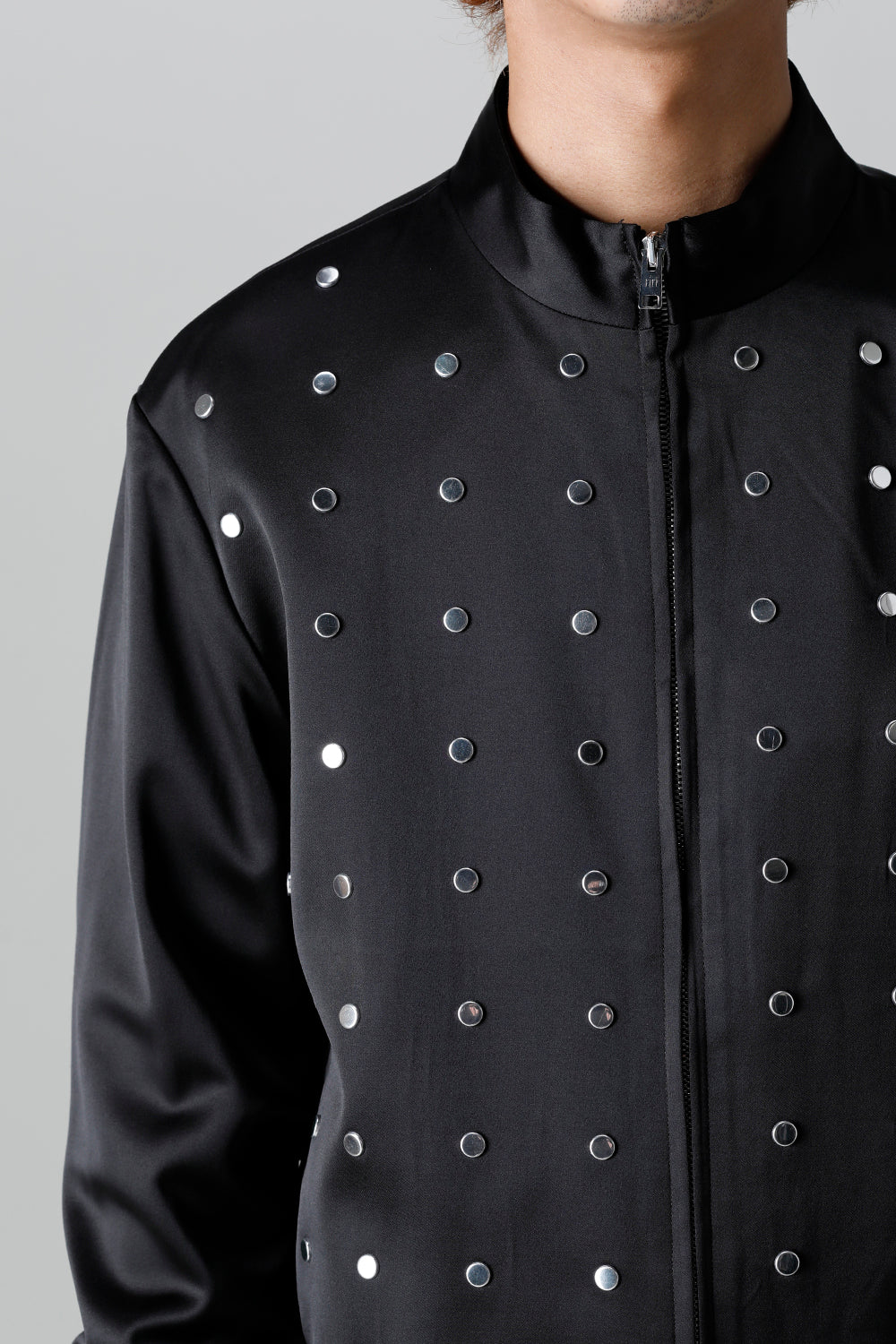 T/R Satin Studs Zip Up Blouson Black x Silver